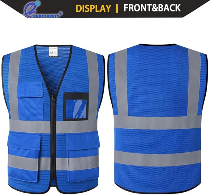 Hi Vis Reflective Safety Vest for Men Women Mesh High Visibility Vest with Pockets,Meets ANSI/ISEA Standards(EK170-Mesh-Blue-L)