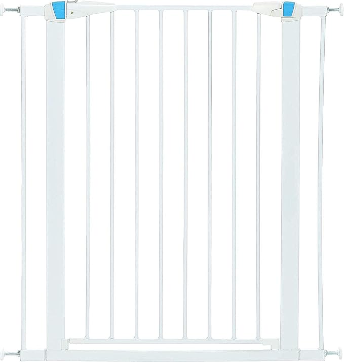MidWest Homes for Pets 39 Inches Tall Walk-Though Steel Pet Gate, Pressure Mounted Dog Gate with Glow Strip Measures 29-38 Inches Wide & Includes Two 3-Inch-Wide Extensions, White