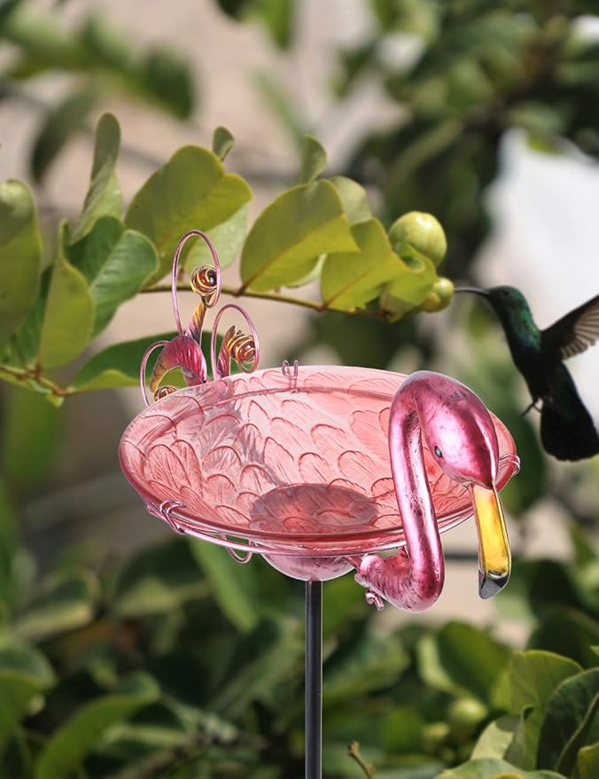 MUMTOP Outdoor Bird Bath Solar Birdbath Small Birdfeeder with Flamingo Metal Stake for Garden Yard Decor