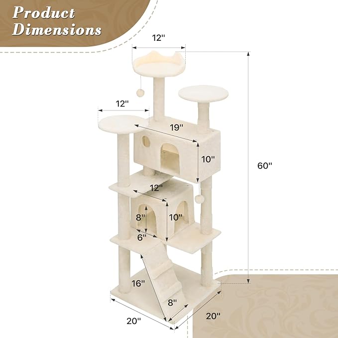 Athena Collection Cat Tree - 62"Multilevel Cat Scratching Post & Condo, Dangling Ball Activity Center for Indoor Cats, Beige