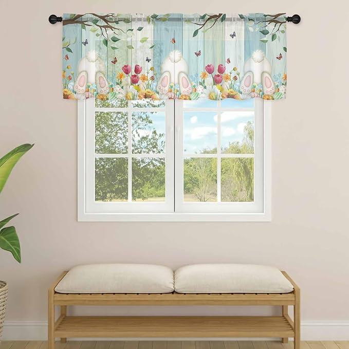 Easter Sheer Valances for Windows 42"x18", Light Filtering Kitchen Curtains