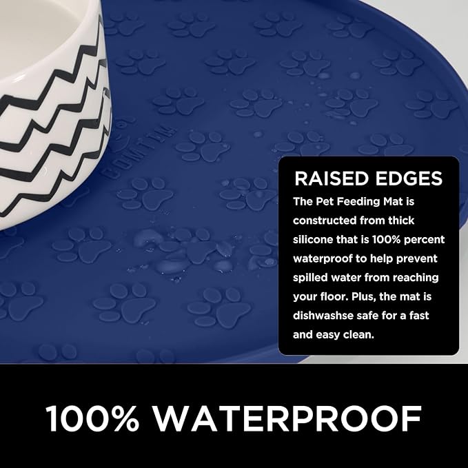 Comtim Waterproof Dog Food Mat - 2 Pack Silicone Pet Food Mat Dog Food Bowl Mats Cat Water Mats Eating Tray, Non-Slip Pet Placemat with Lip for Messy Drinkers to Protect Floor,Navy Blue 11"×11"