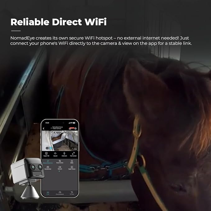 NomadEye Wireless Horse Trailer Camera – 4K Live Video & 2-Way Audio – WiFi Connect – Magnetic Mount – 15Hrs Recording – Night Vision – iOS & Android App