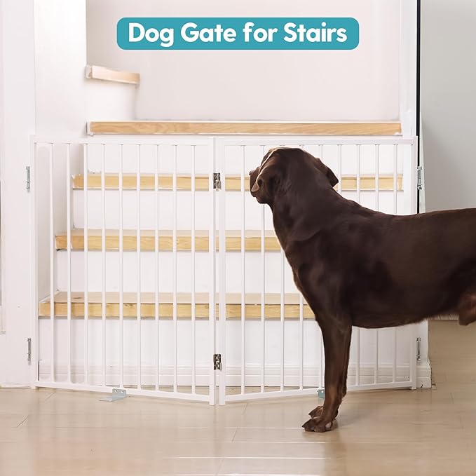 No Pawblems Free Standing Dog Gate with Door, 30'' Tall Foldable Dog Fence for Indoor & Outdoor, Up to 52 Inch Extra Wide Puppy Gate for Stairs, Hallways, Doorways, Deck, Yard (White, 2 Panels)