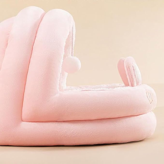 Cat Bed for Indoor Cats, Dog Bed with Anti-Slip Bottom, Rabbit-Shaped Cat/Small Dog Cave with Hanging Toy, Puppy Beds with Removable Cotton Pad, Super Soft Calming Pet Sofa Bed (Pink, Large)