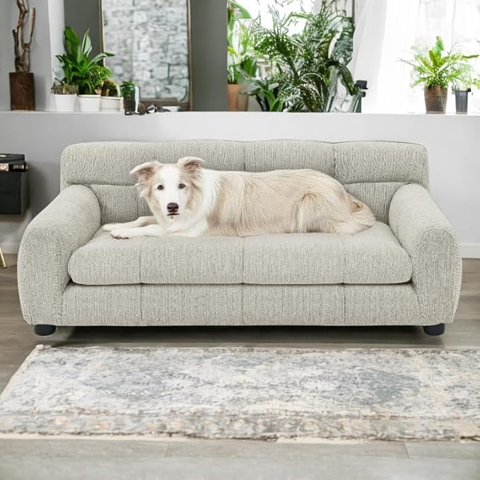 Human Dog Bed with Armrests & Backrest, Cave Dog Bed for Large Dogs, Comfortable Linen Upholstery, Short Sofa Legs for Easy Access, Durable, Stylish Camas para Perros, 38"x14.5"x22" (Beige)