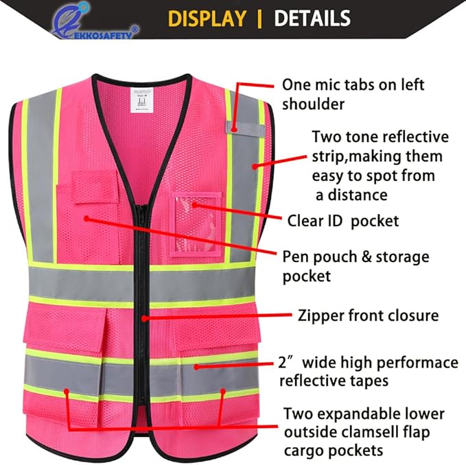 Safety Vest for Men Women,Mesh High Visibility Construction Work Vest with Reflective Strips,Meets ANSI/ISEA Standards(EK175-Mesh-Hot Pink-L)