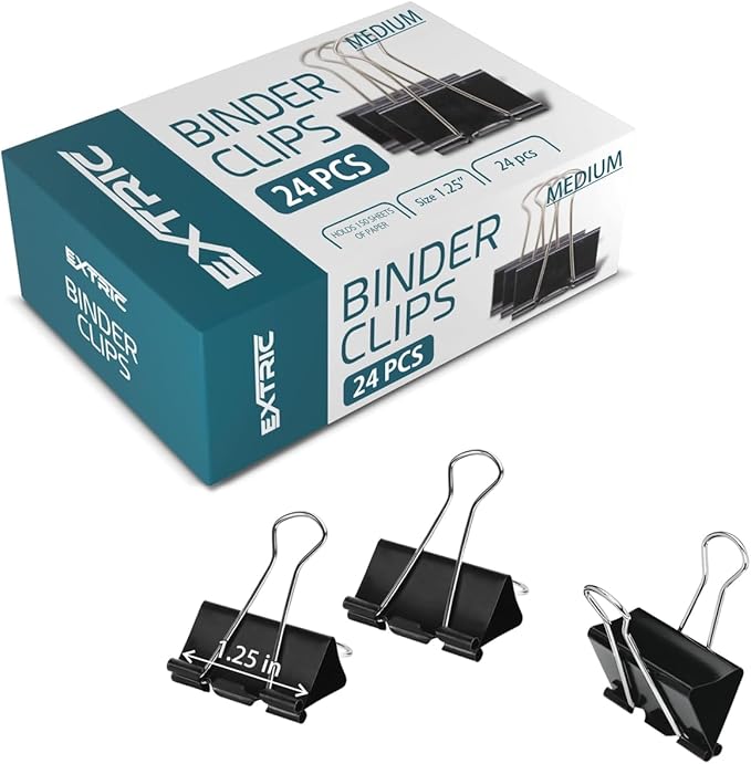 Binder Clips - 24 Medium Binder Clips, 1.25 Inch Black Paper Clamps, File Clip for Home, Office and School Supplies