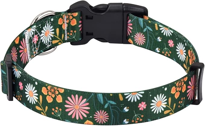 Dog Collar with Bohemia Floral Tribal Geometric Patterns - Soft Ethnic Style Collar Adjustable for Small Medium Large Dogs(Dark Green Flower,M)