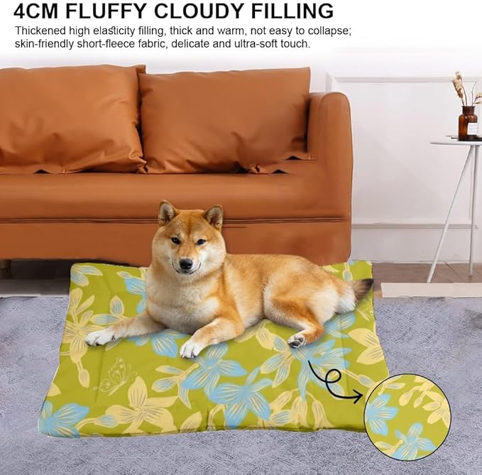 Green Blue Floral Doggie Beds for Medium Dogs Dog Crate Mattress Washable Dog Pad Crate Accessories Washable Non-Slip Bed for Medium Bed Mat Furniture Indoor Outdoor 24X18 Inch