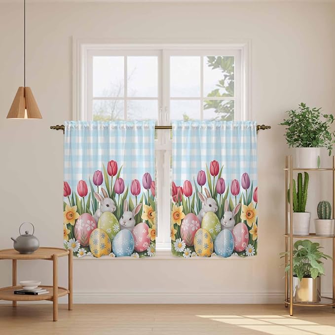 Easter Kitchen Tier Curtains 45 Inch Long 2 Panel Set, Rod Pocket Short Window