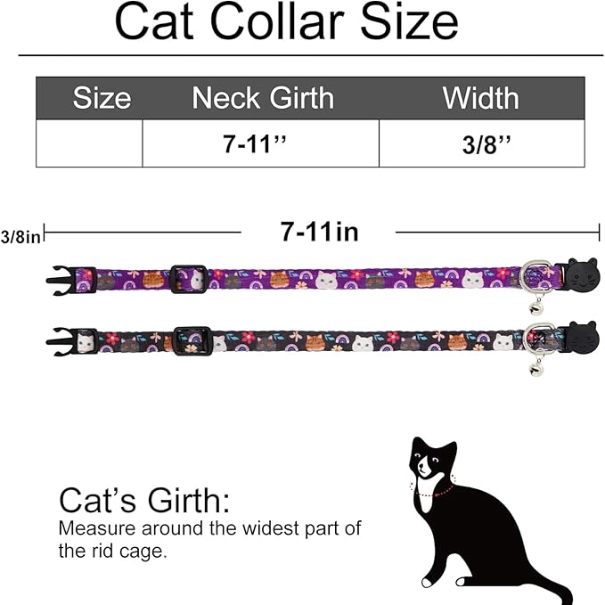 2 Pack Cat Collar Breakaway with Bells, Safety Buckle Kitten Collars for Boy and Girl Cats, Purple + Black Cat