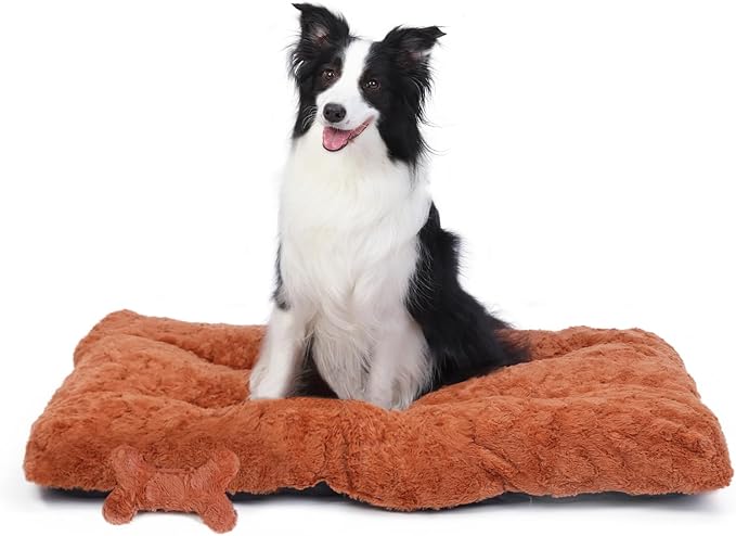 Washable Dog Bed for Small to Large Dogs, Calming Anti Anxiety Medium Dog Bed, Deluxe Plush Faux Fur Crate Beds, Comfy Fluffy Kennel Pad Pet Sleeping Mat with Non-Slip Bottom, 35"x22", Brown