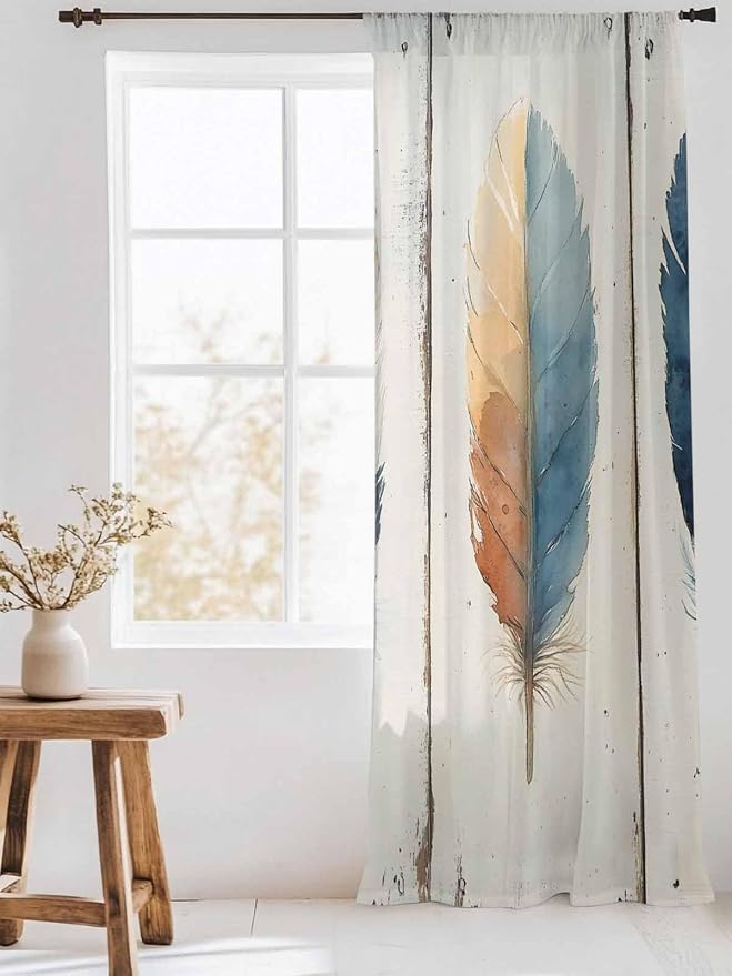 Sheer Curtains 84 Inches Long, Boho Ombre Vintage Wooden Grain Privacy Voile