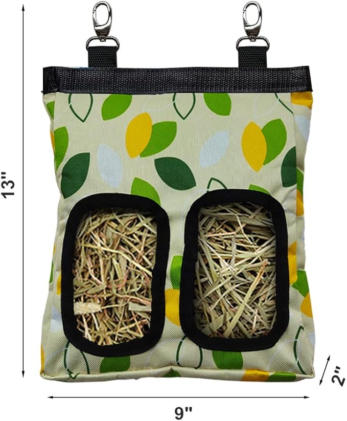 Guinea Pig Hay Feeder, Hanging Rabbit Hay Feeder Bag for Guinea Pigs Bunnies Chinchillas. M, Green Leaves, 2 Count