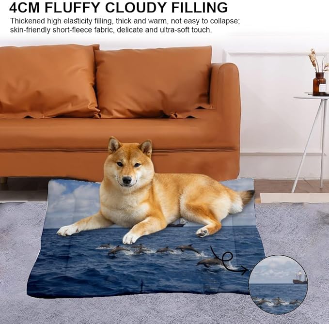 Dolphins Tall Ship Ocean Scene Dog Bed Travel Bed Mats for Dogs Pads for Dog Crates Medium Crate Washable Non-Slip Crate Small Portable Floor Mat Medium Sized Indoor Outdoor 24X18 Inch