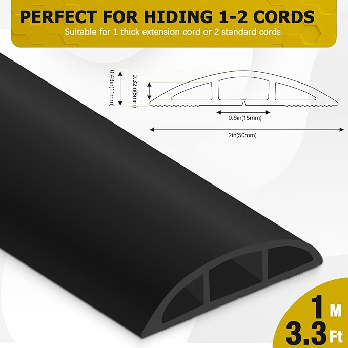Floor Cord Cover 3.3FT Cord Covers for Wires on Floor Protect Wires & Prevent Trip Hazards, Easy to Cut for Home, Office, School, Concerts, Cavity W0.6in x H0.32in