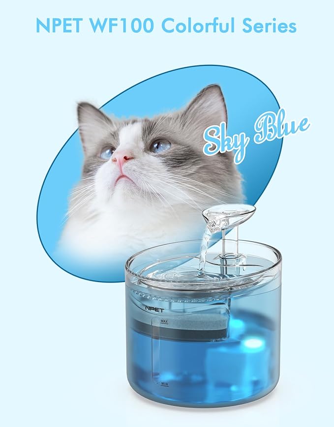 NPET WF100 Cat Foutain, 54oz/1.6L Automatic Cat Water Fountain with Leaf-Shaped kit, Bottom Suction Quiet Pump for Cats & Small Dogs (Fountain+8 Filters +8 Sponges, Blue)