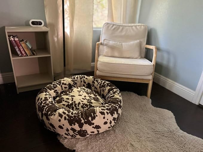 Organic Cotton Canvas Dog Bed: Removable Cover, Natural Fill - Made in USA (Cow Print Brown White, Medium 28" x 8" inches)