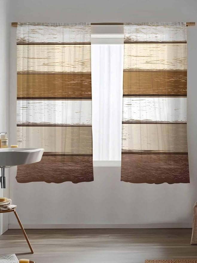 Sheer Curtains 72 Inches Long, Vintage Geometric Brown Semi Sheer Curtains