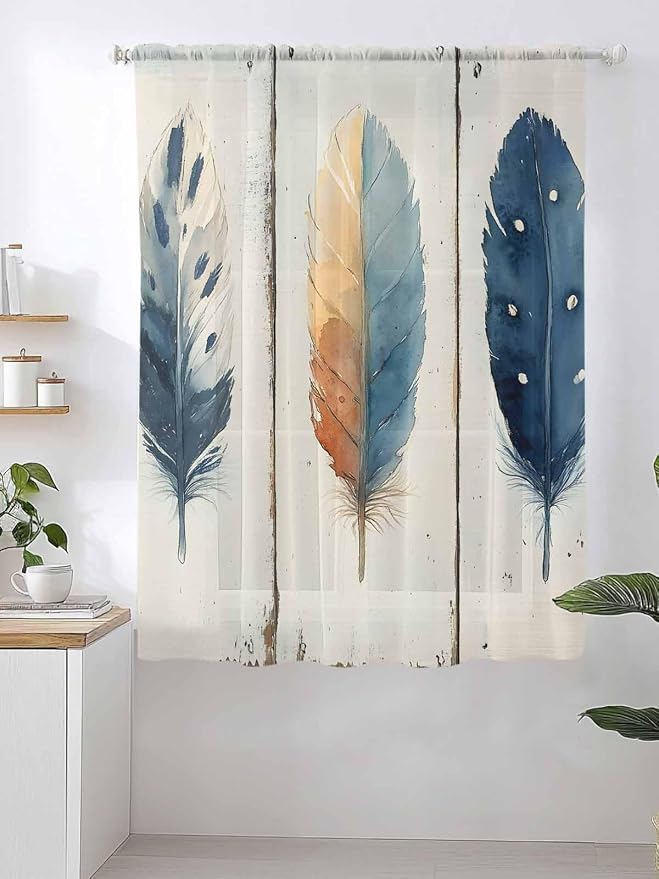 Sheer Curtains 63 Inch Length, Boho Ombre Vintage Wooden Grain Privacy Voile