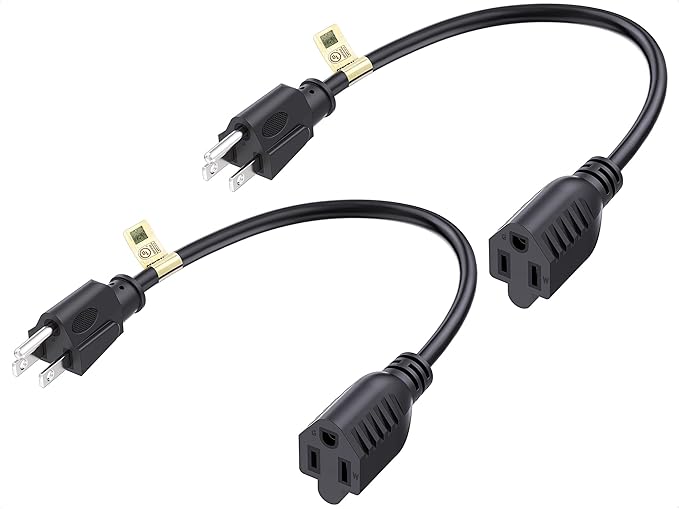 [UL Listed] Cable Matters 2-Pack 16 AWG Heavy Duty 13A Short Power Extension Cord - 1ft, 3 Prong Power Cord Extension, NEMA 5-15P to NEMA 5-15R, Black