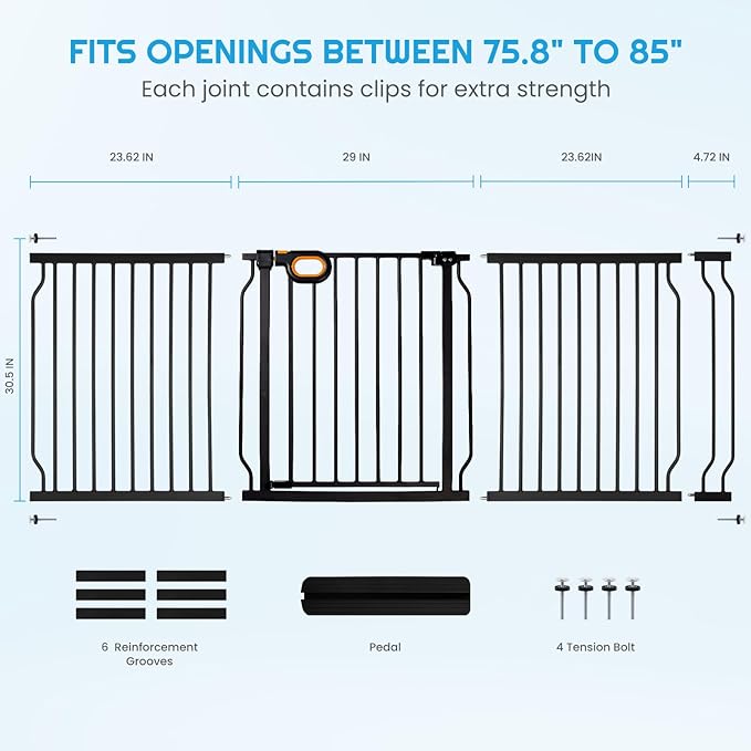 owlie Baby Gate Indoor 75-85 Inch, Extra Wide Safety Gate for Dogs Large Stairway Gate Adjustable Baby Gates Pressure Mount Wide Gate for Pet Stairway Doorway No Drilling Black (30.5'' Tall)