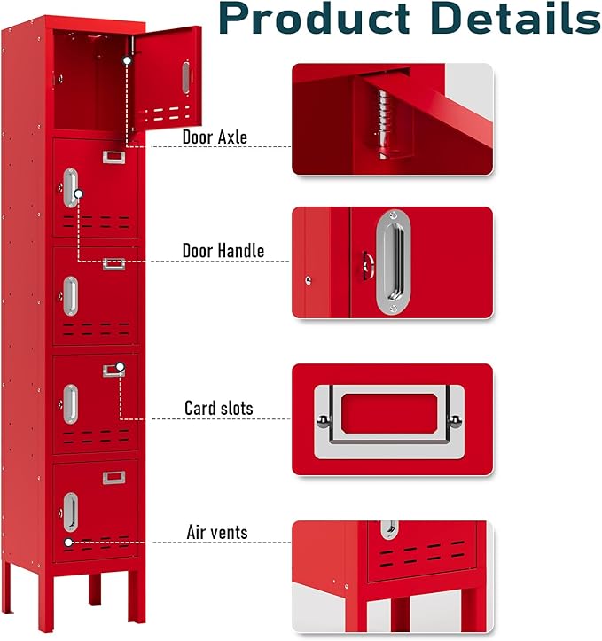 Metal Lockers - 66" Height Steel Lockers for Employees with 5 Door Storage Locker with Card Slot for Employees Gym School Home Office Garage - Assembly Required