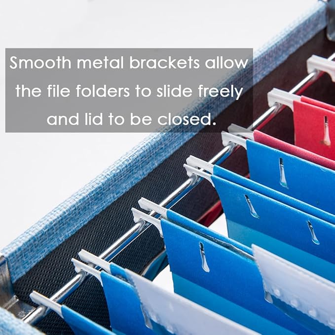 PRANDOM File Organizer Box - Set of 4 Collapsible Decorative Linen Filing Storage Hanging File Folders with Lids Office Cabinet Letter/Legal Size Blue 17.1x14x11.1 inch