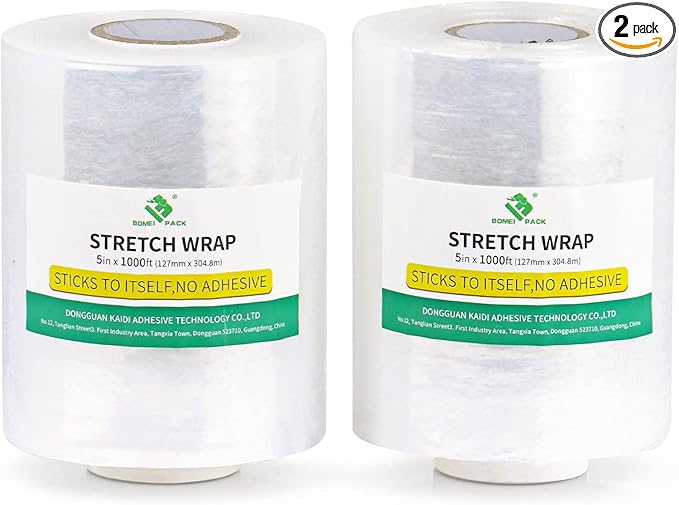 BOMEI PACK Plastics Industrial Mini Stretch Wrap Film Replacement 5" x 1000ft Roll, 80 Gauge for Moving, Packing Wrap Industrial Strength- Self Adhering Packaging Heavy Duty, 2 Pack