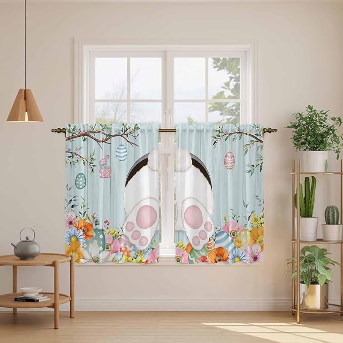 Easter Bunny Kitchen Tier Curtains 45 Inch Long 2 Panel Set, Rod Pocket Short