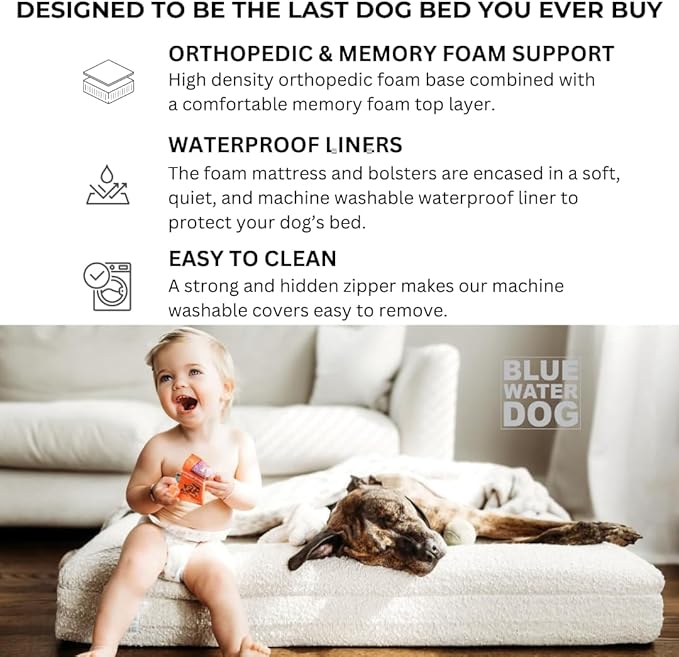 Luxury Boucle Orthopedic Memory Foam Dog Bed with Waterproof Liner and Machine Washable Cover with YKK Zippers (Large, 45" L x 36" W x 7" Th, Cloud)