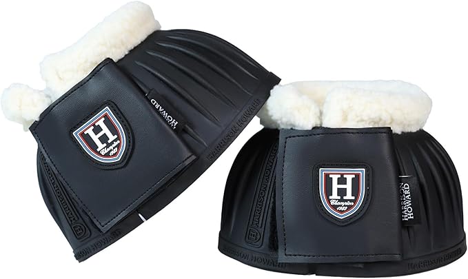 Harrison Howard Rubber Pull-on Bell Boots with Fleece Lining and Extra-Large Leather Touch-Close Tape Hoof Overreach Protection for Horses Sold in Pairs Black L