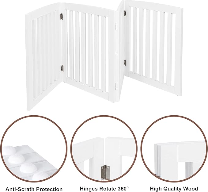 ZENY 24 Inch Pet Dog Gate, Foldable Freestanding Dog Door 4 Panel, White Wooden Z Shape Step Over Pet Fence for Entryway, Stairs, Doorway, White