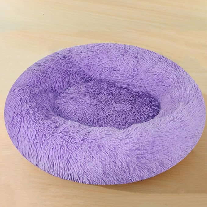 Calming Small Dog Bed Cat Bed, 47 Inch Donut Fluffy Anti-Anxiety Round Bed Washable Cute Bed, Cuddler Warming Cozy Soft Bed, Plush Cushion Bed for Small Medium Dogs and Cats (Purple)
