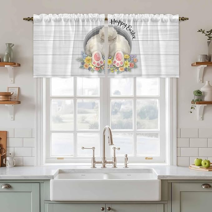 Easter Bunny Kitchen Tier Curtains 36 Inch Long 2 Panel Set, Rod Pocket Half