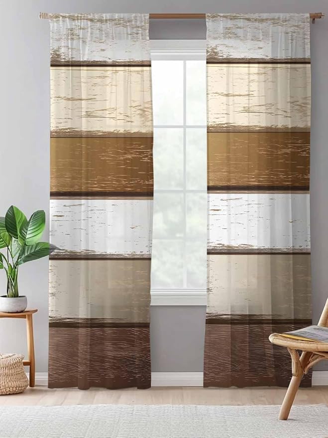 Sheer Curtains 96 Inches Long, Vintage Geometric Brown Semi Sheer Curtains