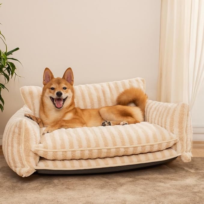 Lazy Holiday Plush Cozy Dog & Cat Sofa Bed, Teddy Velvet Dog Bed, Trendy Striped Faux Lambswool Double Layer Dog & Cat Sofa Bed Dogs Sleeping Mat for Medium Small Dogs & Cats (Black and White,M)