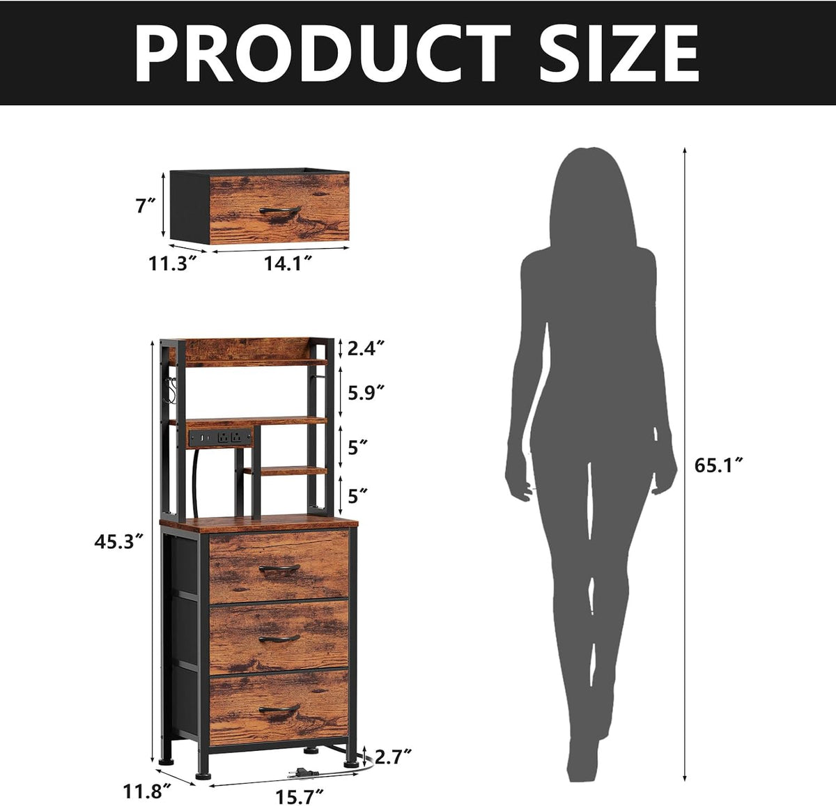 Furnulem Tall Nightstand, 45.3" Bedside Table & End Table, 3 Fabric Drawers