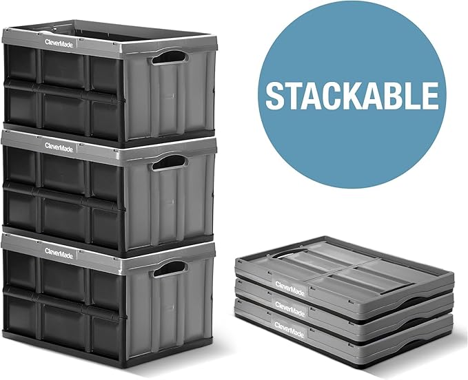 CleverMade Collapsible Storage Bins - Ocean 3 Pack 46L / 12 Gal holds 66 lbs - Stackable Containers Heavy Duty Capacity Crates Space-Saving