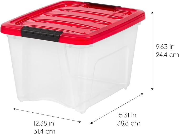 IRIS USA 19 Qt. Stackable Plastic Storage Bins with Lids, 4 Pack - BPA-Free, See-Through Organizing Solution, Latches, Durable Nestable Containers, Secure Pull Handle, Made in USA - Red