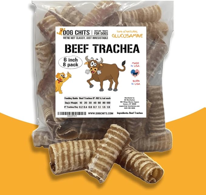 Dog Chits Beef Trachea Dog Chews - 100% Single Ingredient, High Protein, Low Fat - Glucosamine for Joint Support - Dental-Clean Crunch - Digestible Rawhide-Free, Natural Dog Chew Treats - 6inch, 8pack