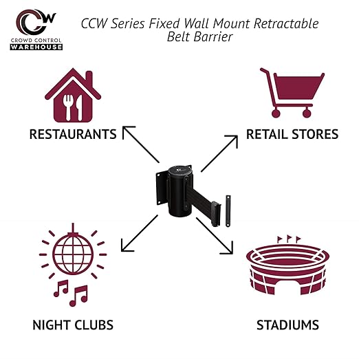 Crowd Control Warehouse - CCW Series WMB-120 Fixed Wall Mount Retractable Belt Barrier - 11 Foot, Black and Yellow Belt with Black Steel Case