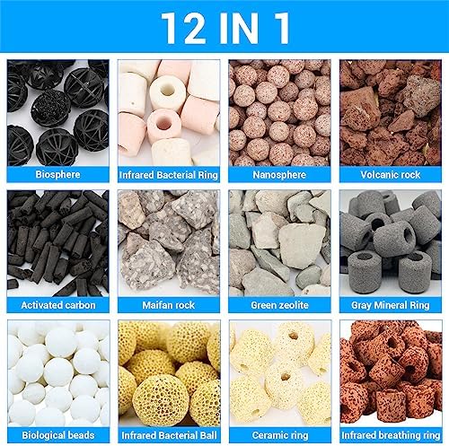 Segarty Filter Media,12 in 1 Bio Media for Aquarium Sump Filter Ceramic Rings Activated Carbon Bio Balls Freshwater Marine Biological Filter Media for Koi Fish Tank Pond Canister (1.1lb with Mesh Bag)