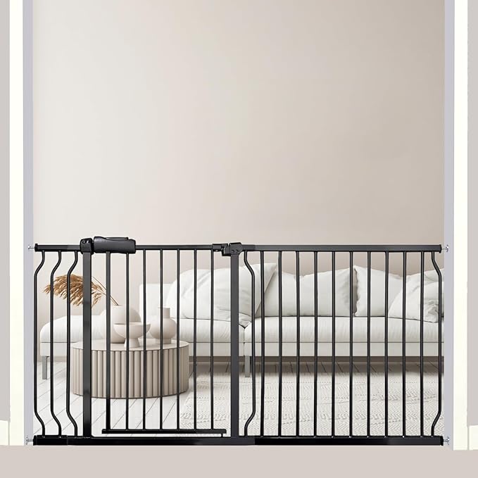 Extra Wide Baby Gate 62-67 Inch, Pressure Mounted Safety Child & Pet Gate - Black Metal - Large Walk Through - Long - for House Doorways & Stairs, 30 Inch Tall