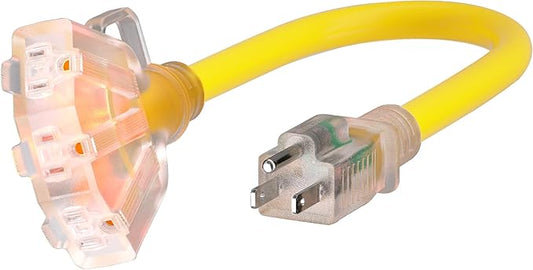 1 FT 12/3 Gauge Outdoor Extension Cord with Multiple Outlets Light Indicator, Flexible Weatherproof 3 Outlet Heavy Duty Extension Cord Waterproof Yellow, 15A 1875W 12AWG SJTW, ETL Listed