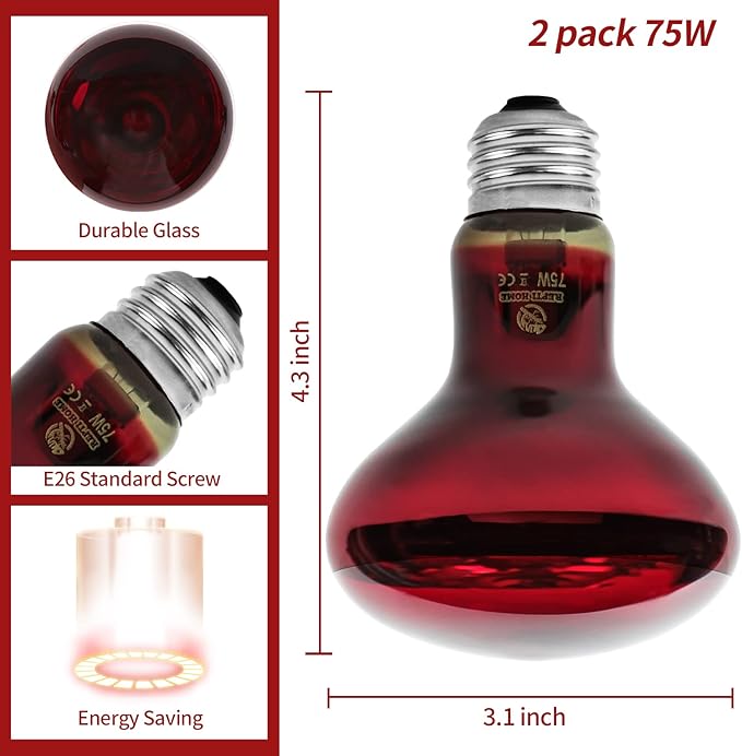 Reptile Heat Lamp Bulbs, Infrared 75W Reptiles & Amphibians Basking Spot Lamp Bulb-2 PCS, Red Heat Emitter Light for Chickens Coop