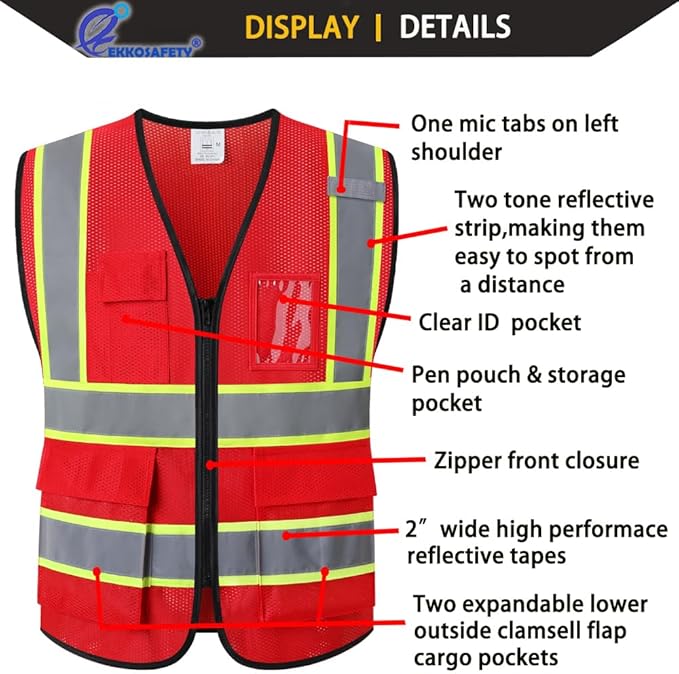 Reflective Mesh Safety Vest for Men Women with 5 Pockets and Zipper Front High Visibility Vest Hi Vis Construction Work Vest,Meets ANSI/ISEA Standards(EK175-Red-M)