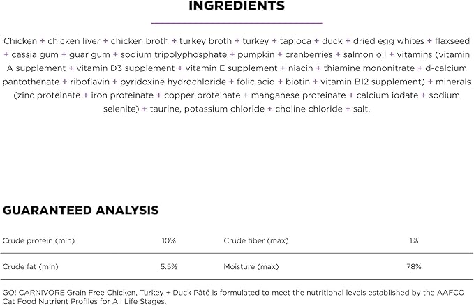 Go! Solutions Carnivore, Grain-Free, Protein Rich Wet Cat Food, Chicken, Turkey and Duck Pâté, 6.4 oz