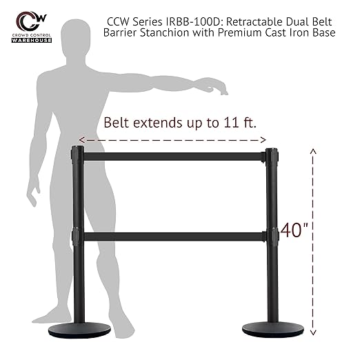 Crowd Control Warehouse CCW Set of 2 Dual Retractable Belt Barrier Stanchion, Cast Iron Base Black Post, IRBB-100D (9 Belt, Green Belt)